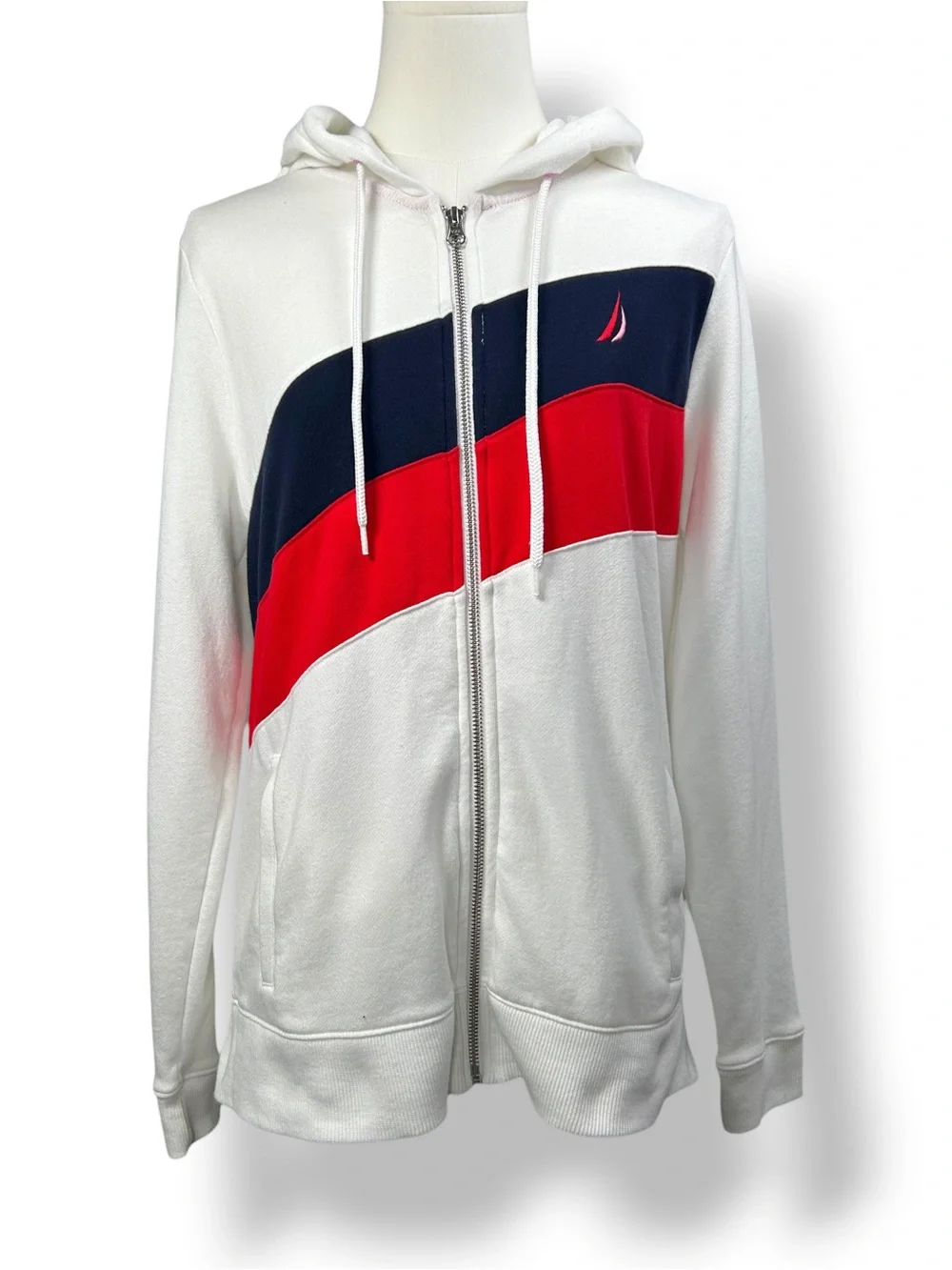 4/$20 Nautica Colorblock Full Zip Hooded Sweatshirt White Red Navy Medium - Picture 2 of 5